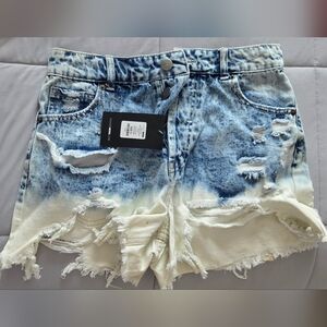 Distressed Blue and White Denim Shorts